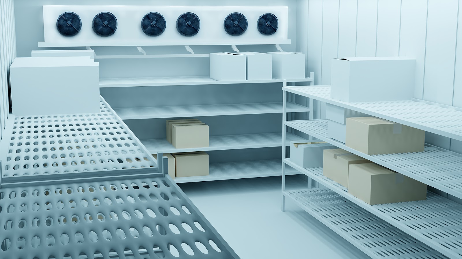 An image of a sterile storage room with empty shelves and a few storage boxes neatly organised and stacked.