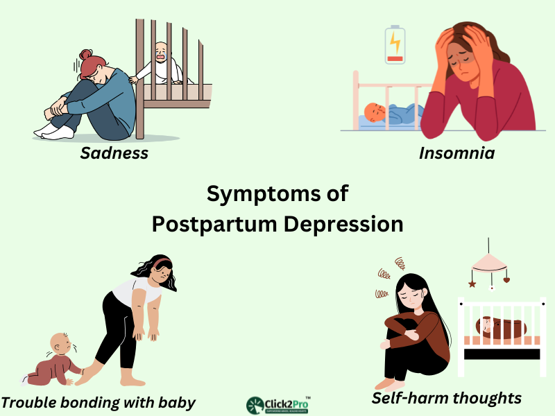 Symptoms of Postpartum Depression: Sadness, insomnia, trouble bonding with baby, and self-harm thoughts.