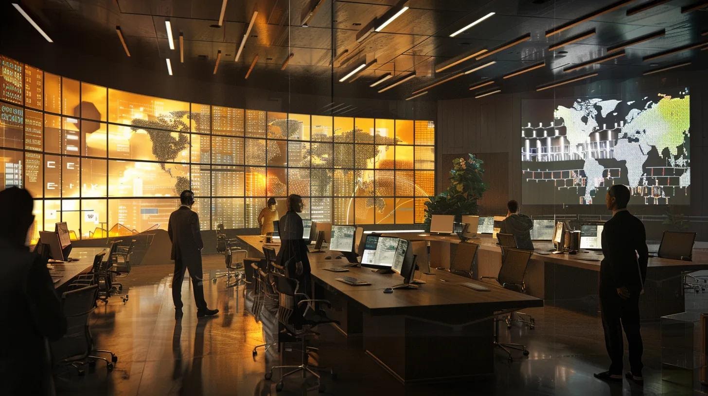 a sleek, modern office space filled with dynamic professionals engaged in lively discussions, surrounded by large screens displaying analytical data and keyword graphs related to the playas del coco audience.