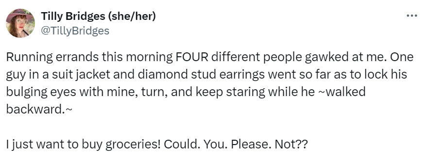 A social media post I made that reads: Running errands this morning and FOUR different people gawked at me. One guy in a suit jacket and diamond stud earrings went so far as to lock his bulging eyes with mine, turn, and keep staring while he ~walked backward.~ I just want to buy groceries! Could. You. Please. Not??