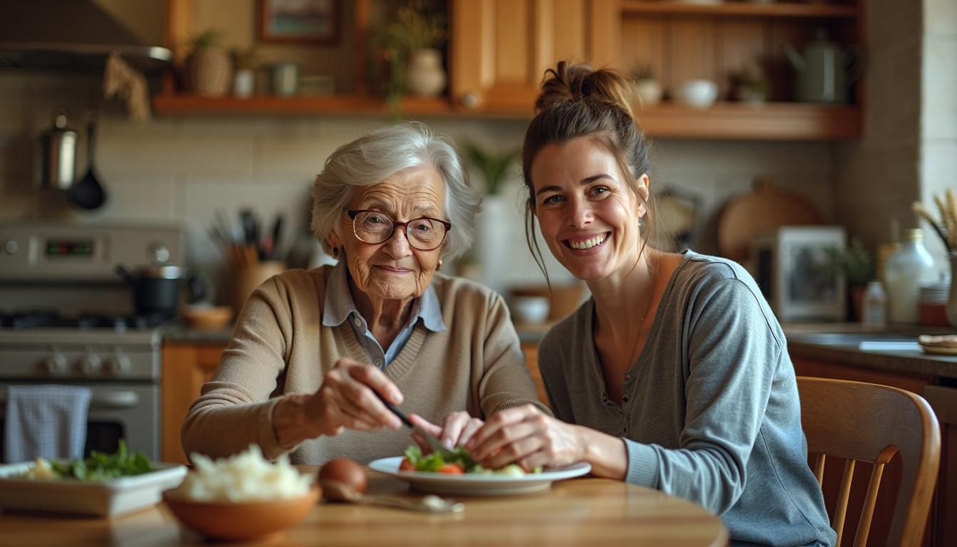 An older woman sitting at a kitchen table with a smiling home health aide.