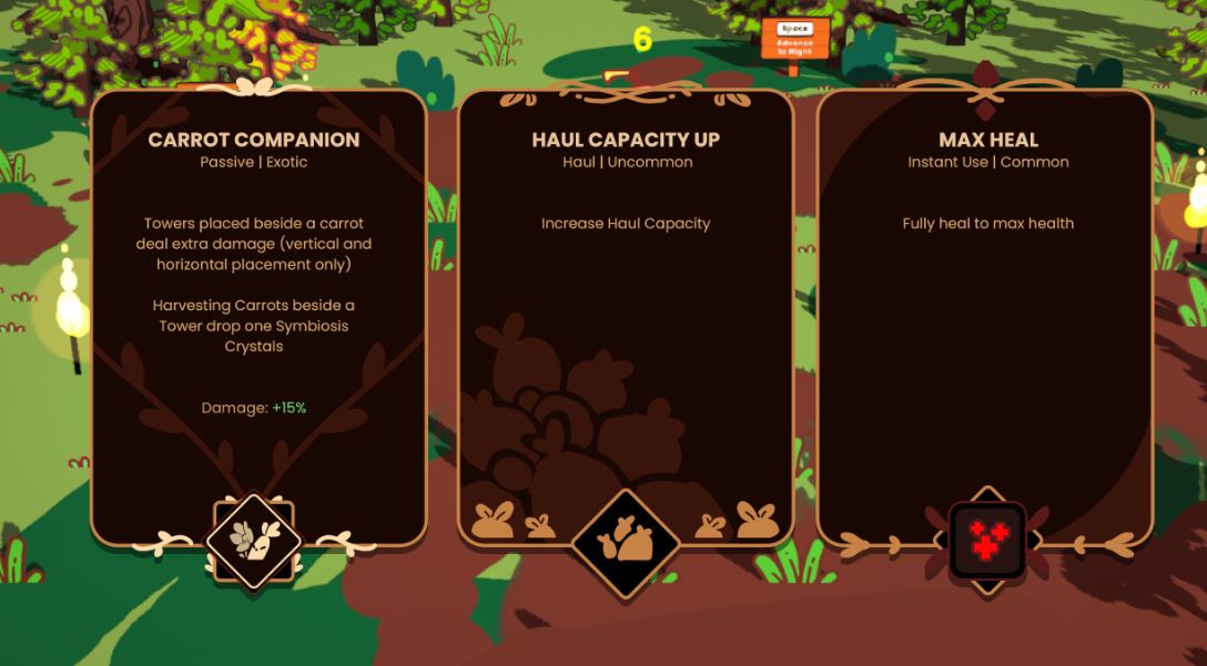 A concept of the UI of the roguelite cards. It shows three cards and the player will need to choose between the 3.