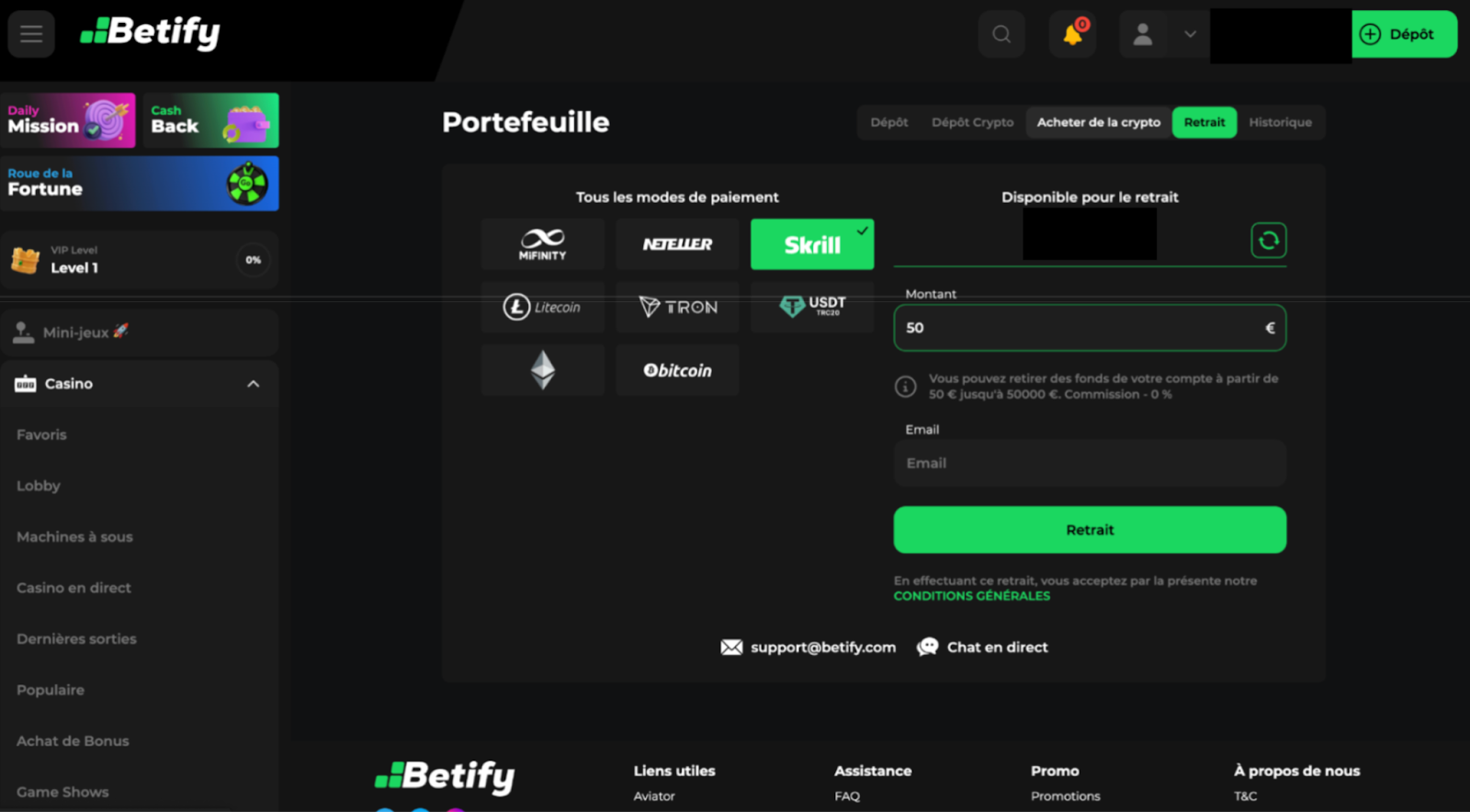 Méthodes de retrait Betify