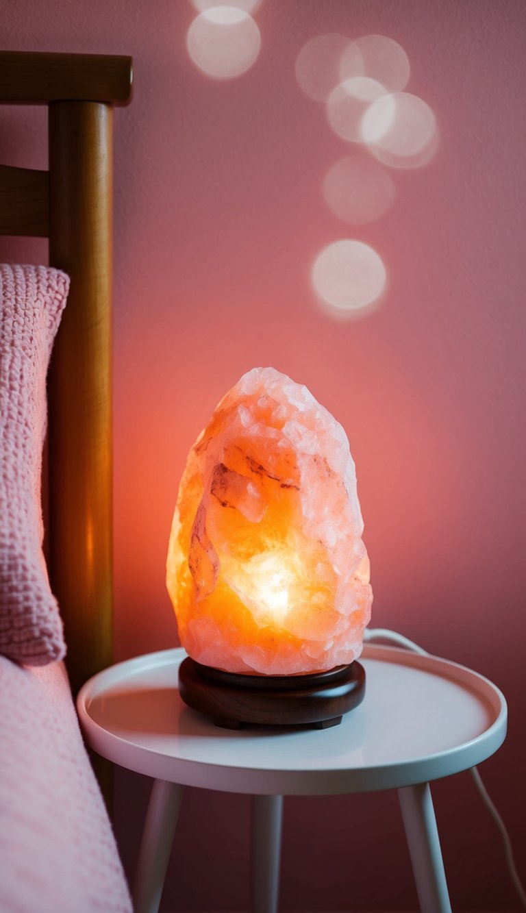 A pink Himalayan salt lamp sits on a bedside table in a cozy pink bedroom, casting a warm glow over the room