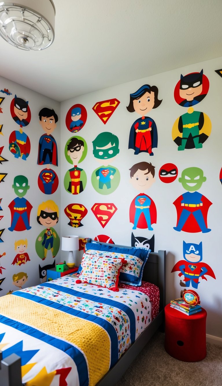 A child's bedroom with colorful superhero wall decals covering the walls, creating an exciting and imaginative space for play and rest