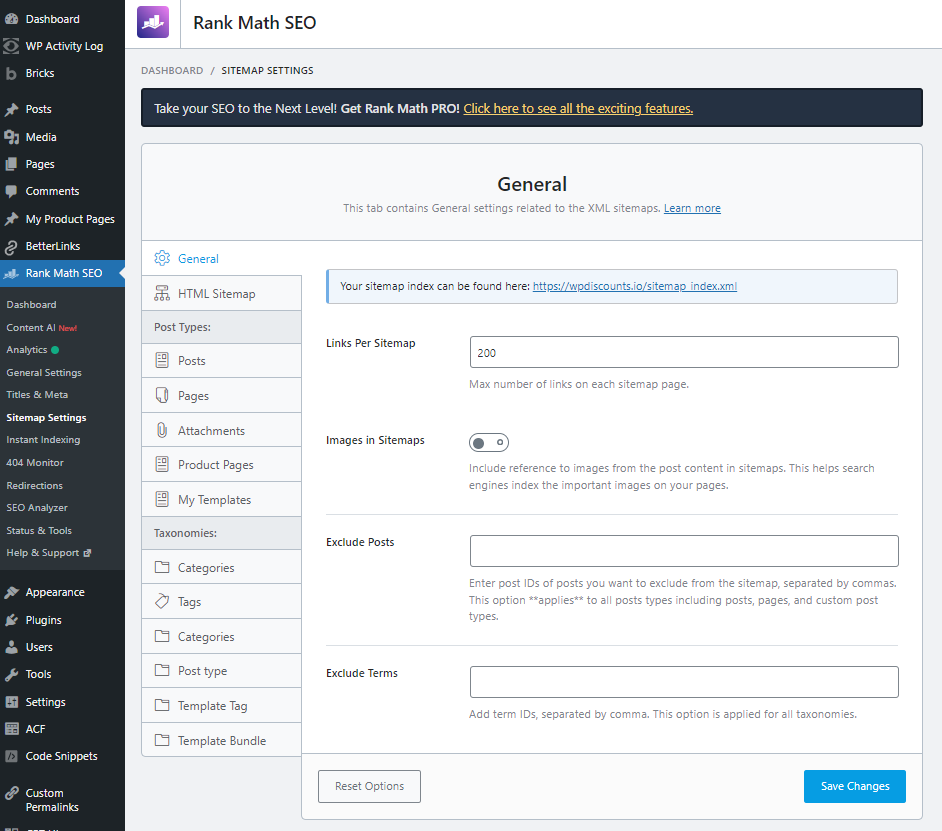 Rank Math SEO plugin sitemap settings