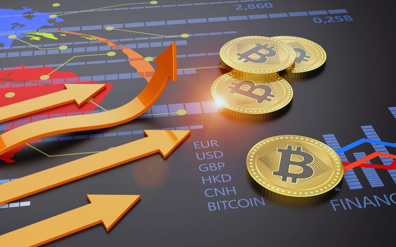 Bitcoin coins on a financial chart with upward arrows, symbolizing growth and trends in cryptocurrency markets.