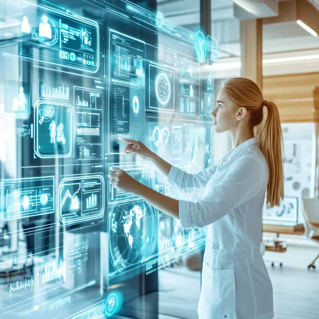 HR professional interacting with a futuristic digital dashboard displaying various personality assessment icons, representing the best tools for building cohesive teams.