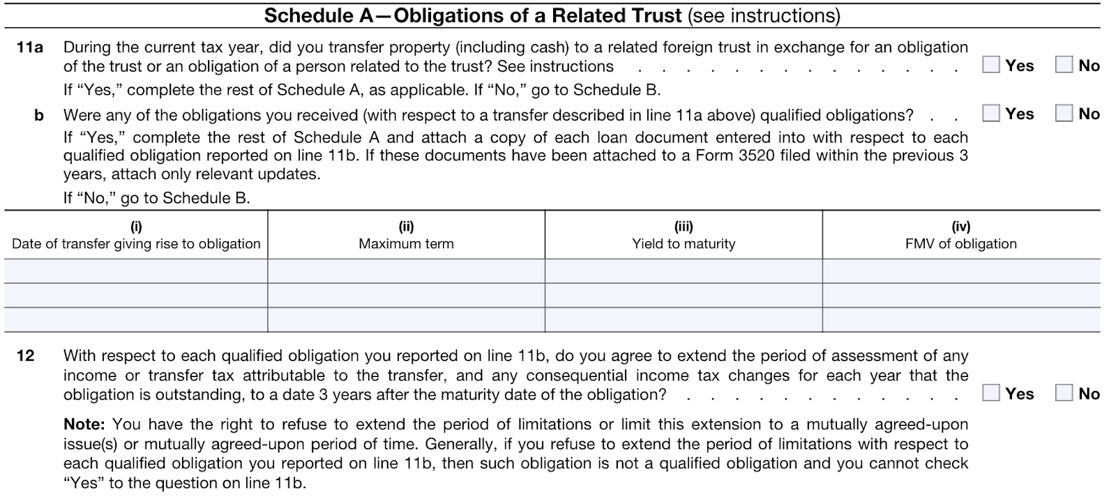 Screenshot of Schedule A: Obligations of a Related Trust under Part I of Form 3520.