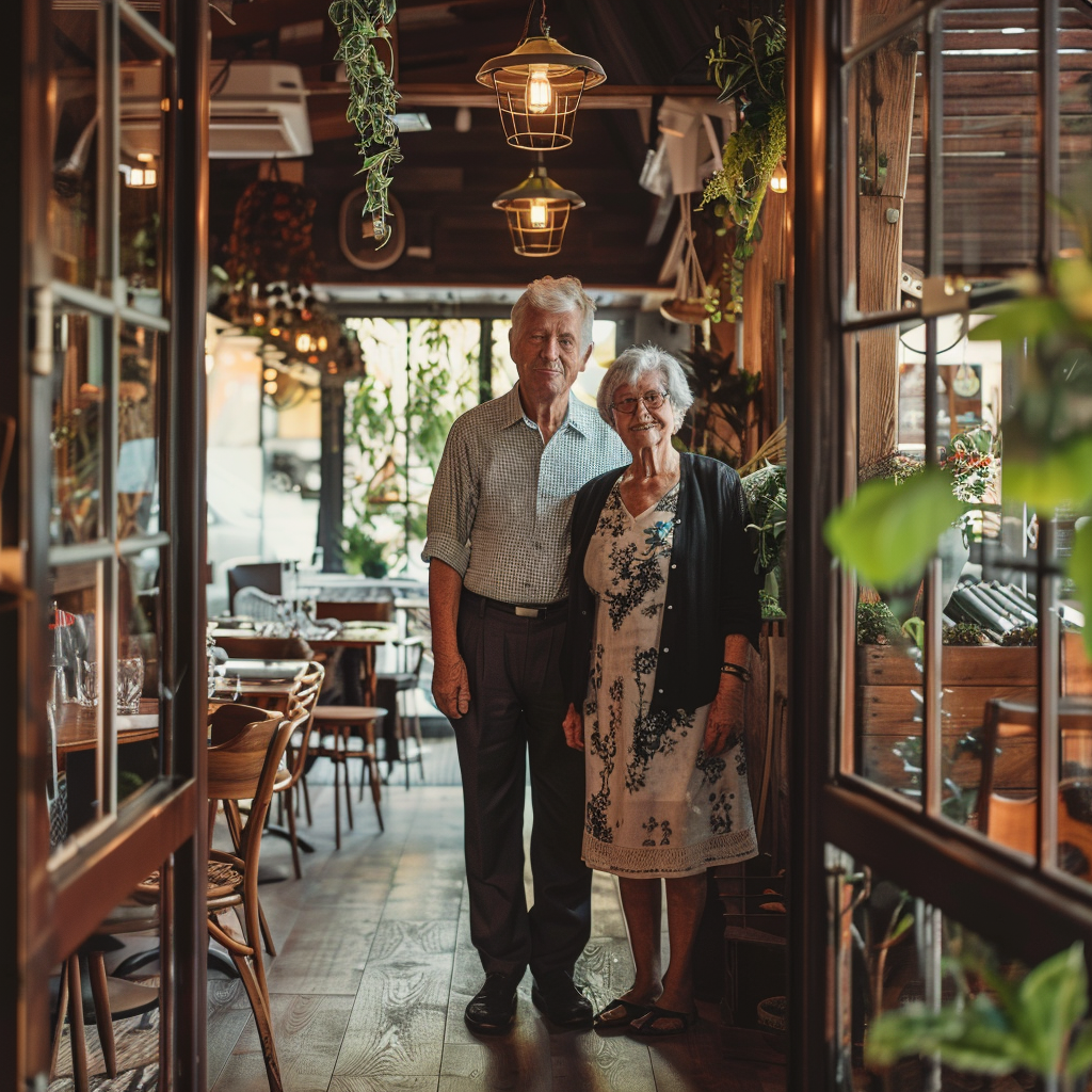 A couple standing in a restaurant | Source: Midjourney