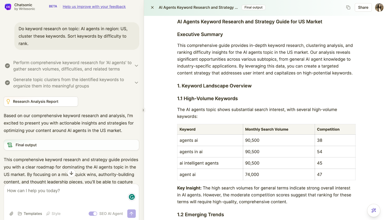 Keyword research and grouping using Chatsonic SEO AI Agent - Keyword Optimization AI Agent