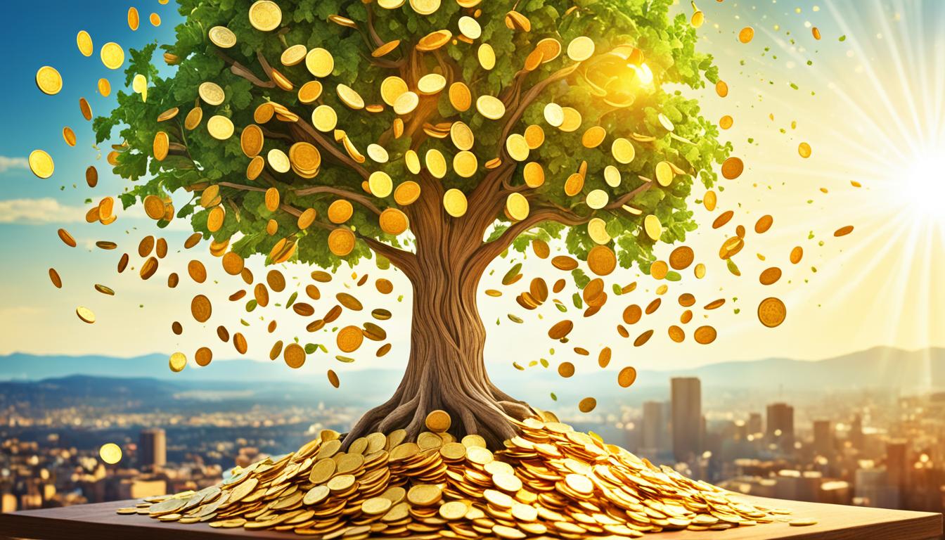 A tree bursting with golden coins, overflowing onto the ground beneath it. Rays of sunshine beam down on the tree, illuminating the abundance. Alongside the tree, a basket overflowing with fruits and vegetables, representing the abundance of nature. In the background, a distant cityscape symbolizes the potential for financial prosperity.