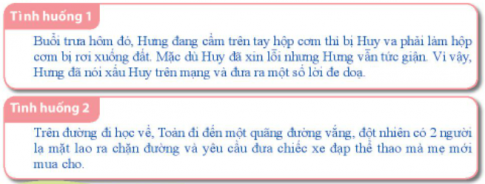 BÀI 2. TỰ BẢO VỆ TRONG TÌNH HUỐNG NGUY HIỂMHoạt động 1: Chia sẻ những tình huống nguy hiểm trong cuộc sốngCâu 1: Chia sẻ những tình huống nguy hiểm mà em biết.Câu 2: Chia sẻ về cách tự bảo vệ bản thân trong các tình huống đó.Đáp án chuẩn:- Bị bám theo: Chạy vào nhà quen hoặc cửa hàng gần đó, gọi người lớn.- Trời mưa, có sấm sét: Về nhà hoặc trú vào cửa hàng gần nhất.- Đi xe đạp: Đi đúng làn, tốc độ vừa phải, không dàn hàng ngang, không nói chuyện khi đi.- Bơi lội trên sông: mặc áo phao, có người lớn để tránh đuối nước.Hoạt động 2: Xác định cách thức bảo vệ bản thân trong một số tình huống nguy hiểmCâu 1: Thảo luận để đưa ra cách tự bảo vệ bản thân trong một số tình huống nguy hiểm.Đáp án chuẩn:- Bình tĩnh, nín thở, nổi dần lên- Nhắm mắt, ngậm miệng, nín thở (bịt mũi).- Thả lỏng, tự biến thành phao.Hoạt động 3: Rèn luyện kĩ năng tự bảo vệ bản thân trong tình huống nguy hiểmCâu 1: Thảo luận đưa ra cách xử lí để tự bảo vệ bản thân trong các tình huống nguy hiểm sau:Đáp án chuẩn:- Tình huống 1: kể chuyện, tâm sự với thầy cô, bố mẹ để có biện pháp khuyên ngăn và giải quyết bất hoà với bạn.- Tình huống 2: ngoan ngoãn đưa chiếc xe đạp cho bọn họ sau đó về nhà kể chuyện với bố mẹ để báo công an, trích xuất camera và tìm ra hai người lạ mặt đó.- Tình huống 3: lập tức từ chối yêu cầu xin số điện thoại của người đàn ông đó và chạy thật nhanh về nhà bác hàng xóm để nhờ bác đưa về hoặc chờ bố mẹ đến đón.- Tình huống 4: bình tĩnh lấy một cây gậy dài để xua đuổi chúng đi xa và chạy thật nhanh ra khỏi khu vực đó.Câu 2: Tranh biện về quan niệm:  Mạng xã hội là nơi thích hợp để tìm ra những người bạn và chia sẻ thông tin, khó có thể có nguy hiểm gì ở đây