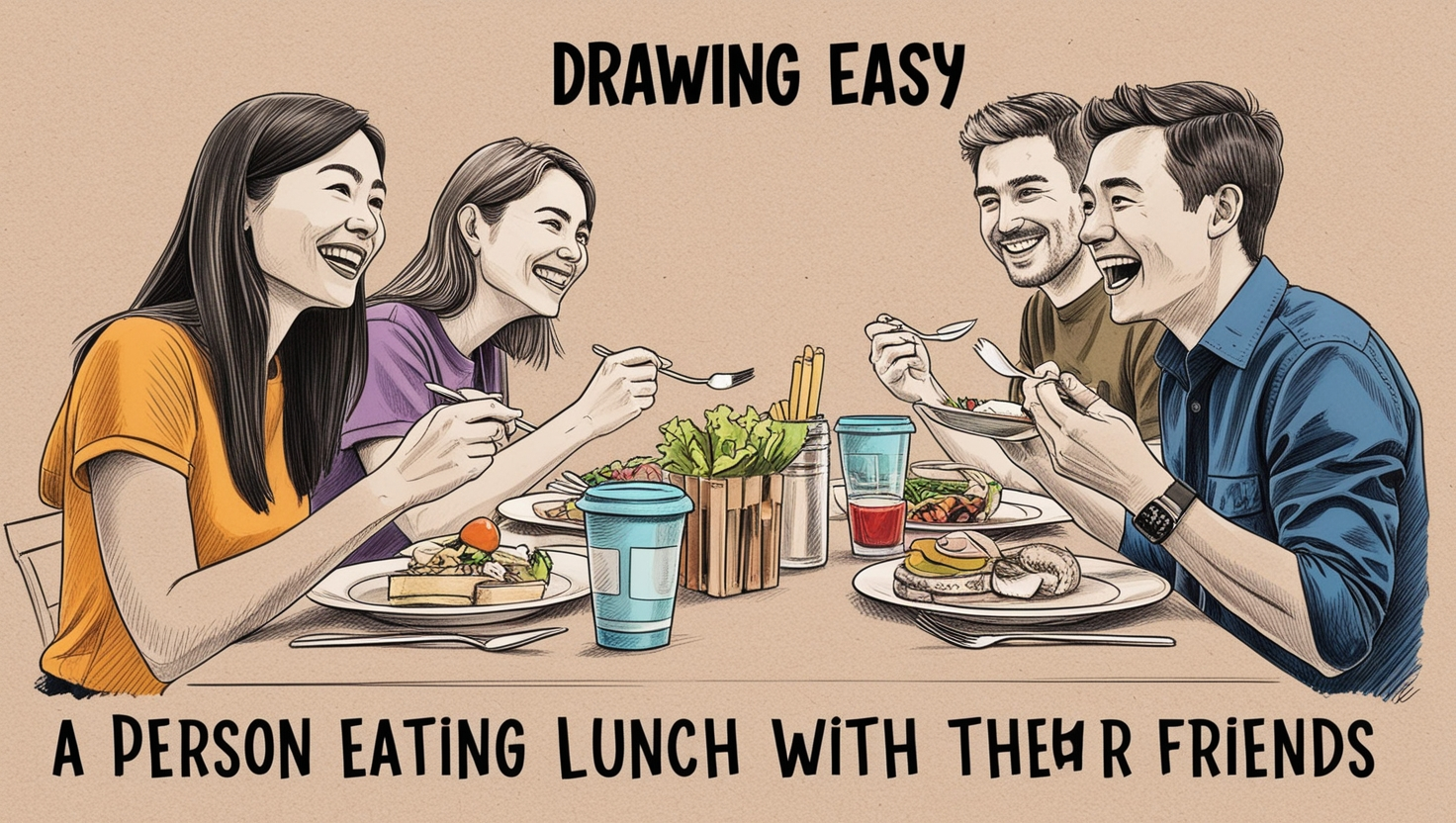 A Person Eating Lunch with Their Friends Drawing Easy
