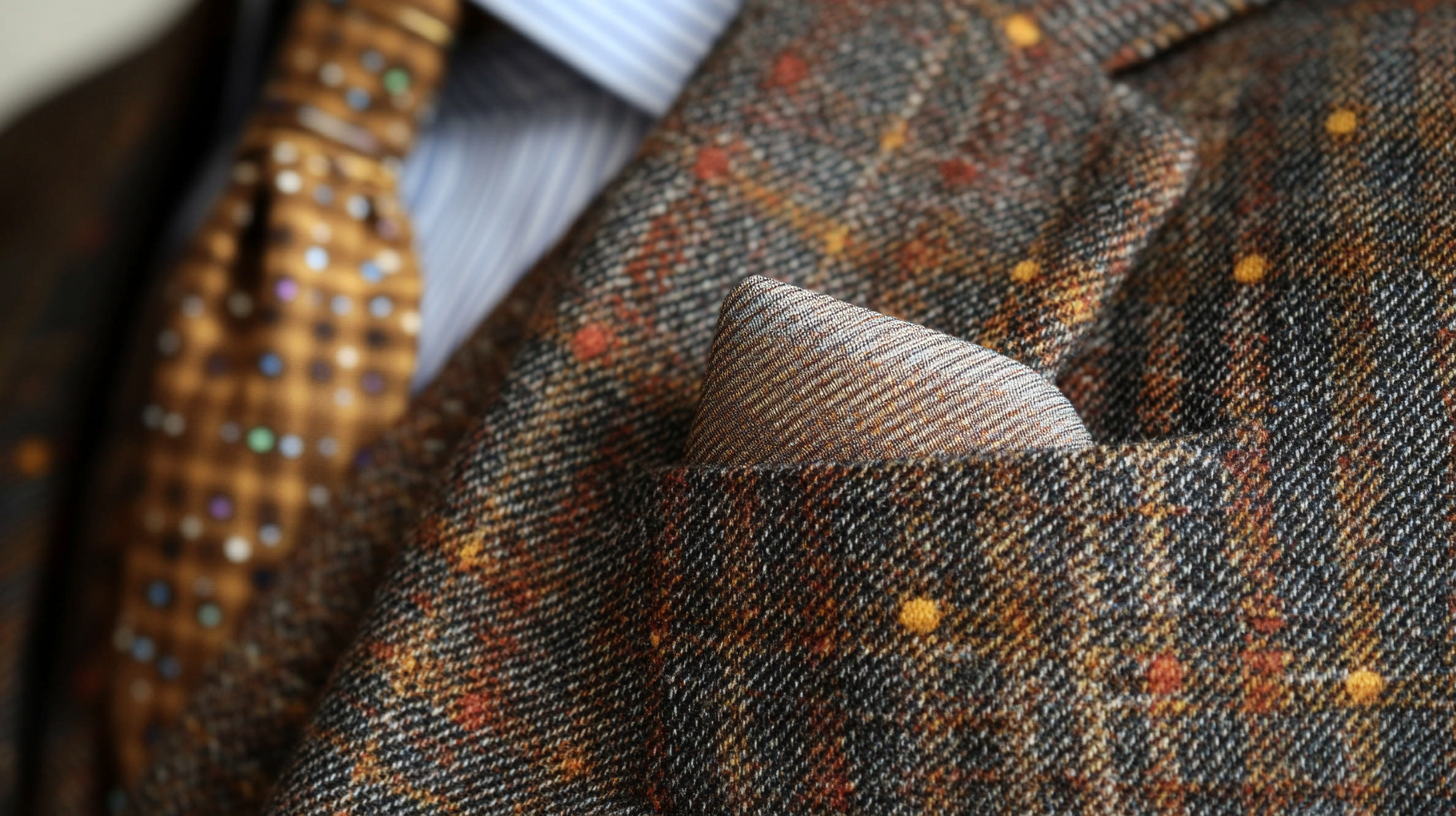 
A close-up of a bold patterned tie, such as stripes or polka dots, paired with a simple solid-color or lightly patterned pocket square in the pocket of a suit. The pocket square is understated and subtle, maintaining balance and preventing visual overload. Soft lighting highlights the contrast between the bold tie and the calm pocket square, creating a refined and balanced look, perfect for professional or elegant occasions