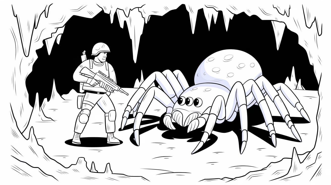 color page for soldier and spider in cave printable free