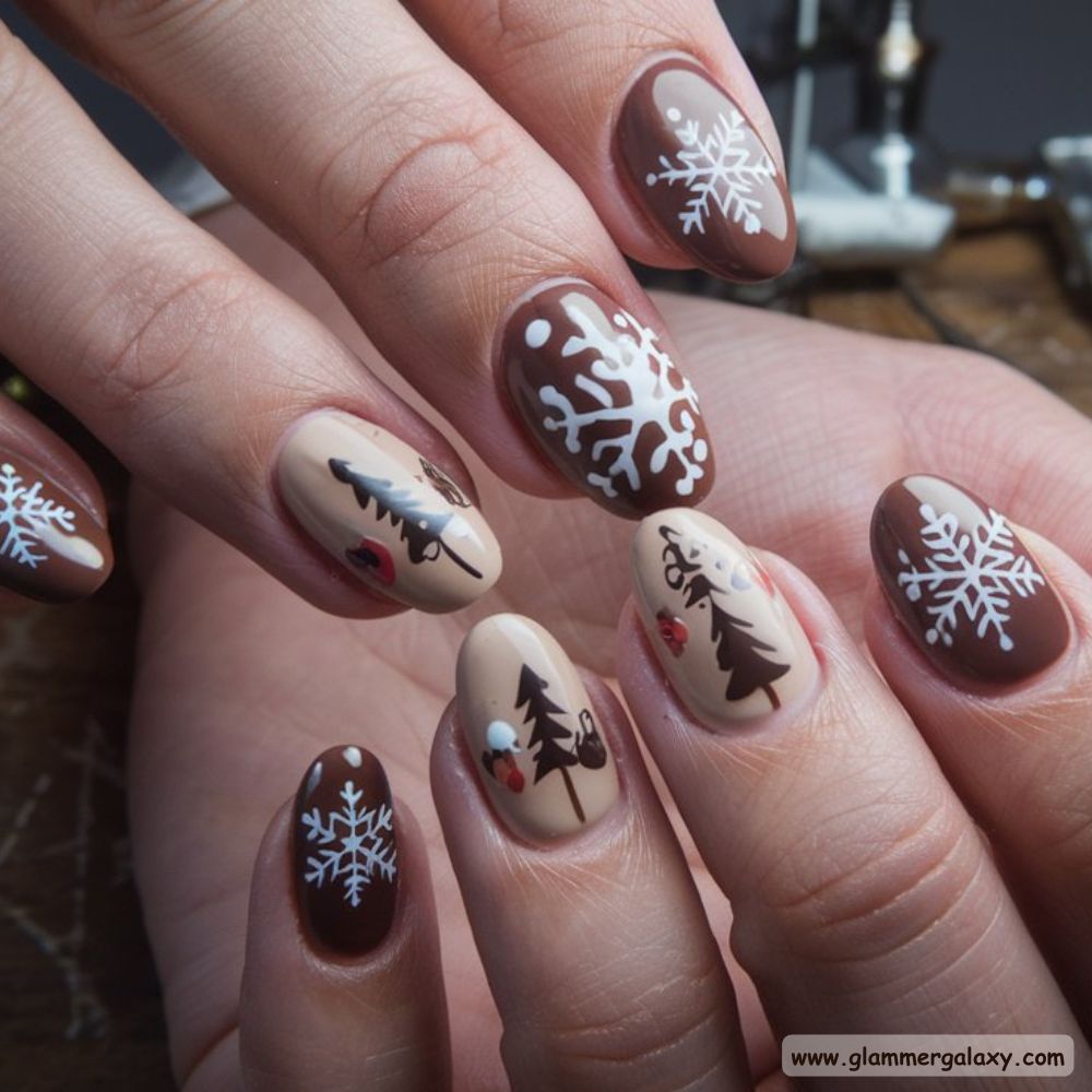 Short Christmas Nails having Brown and Neutral Tones