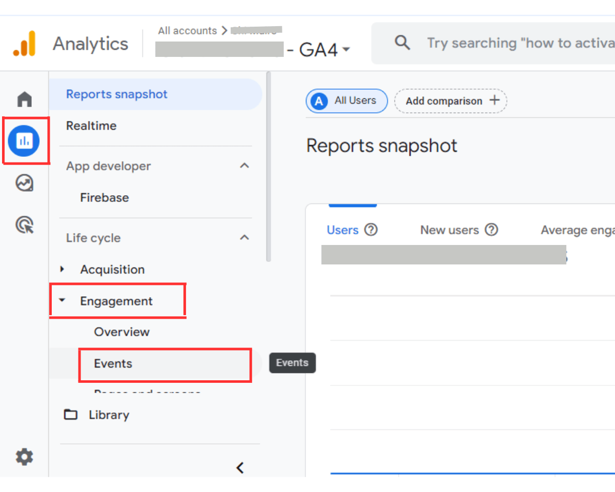 How to download reports in GA4: In your GA property dashboard, Click Reports>Engagement>Events