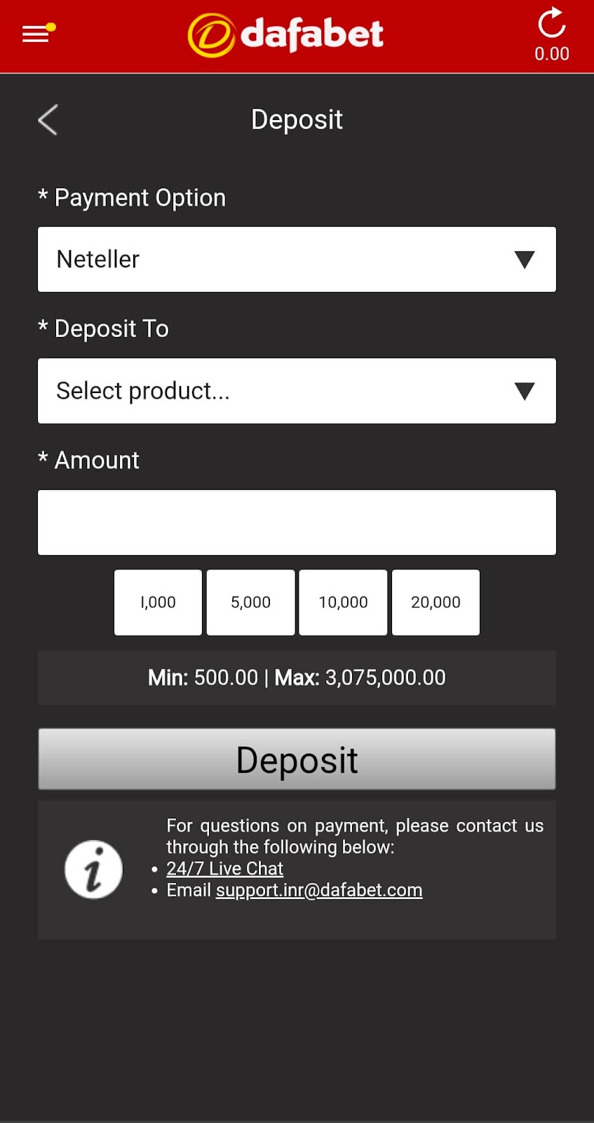 Dafabet deposit page mobile app