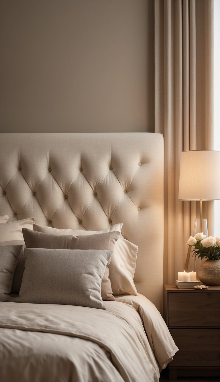 An ivory upholstered headboard stands against a soft, neutral-toned bedroom wall, creating a serene and elegant atmosphere