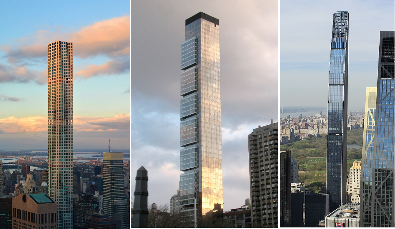 Les “tours crayons” de New York: 432 Park Avenue (gauche), le Madison One (centre), et la Steinway Tower (droite).