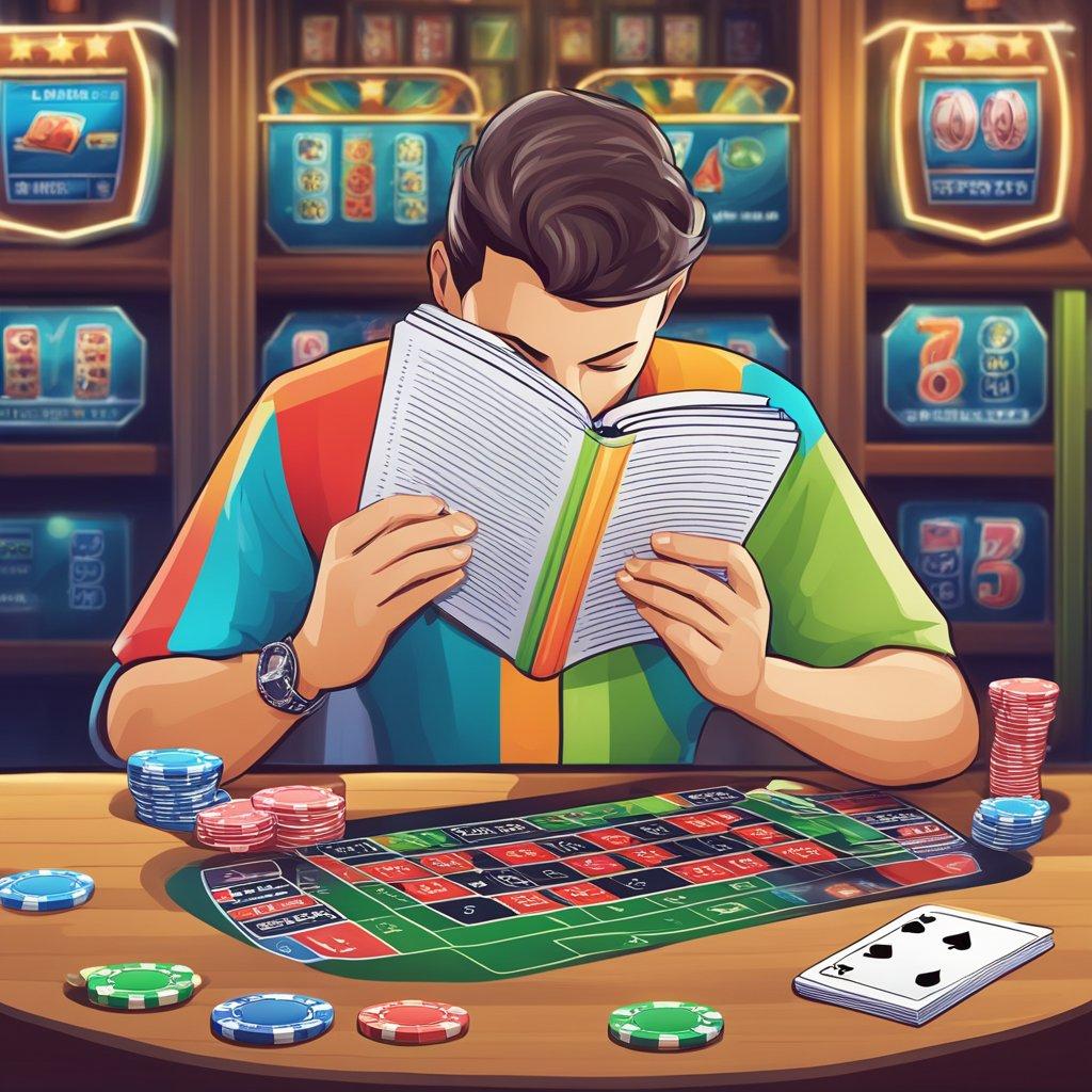 A colorful illustration of a person reading a guidebook on responsible gambling, with a computer or mobile device nearby for online casino play