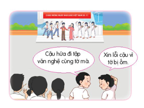 CHỦ ĐỀ: GIỮ LỜI HỨABÀI 6: EM GIỮ LỜI HỨAA. KHỞI ĐỘNGHS lắng nghe và hát theo giai điệu của bài hát “Lời con hứa”.NỘI DUNG BÀI HỌC GỒM:Quan sát tranh và cho biết bạn nào giữ lời hứaĐọc truyện và trả lời câu hỏiB. HOẠT ĐỘNG HÌNH THÀNH KIẾN THỨCHoạt động 1: Quan sát tranh và cho biết bạn nào giữ lời hứaTranh nào có bạn biểu hiện được việc giữ lời hứa? Tranh nào có bạn chưa biểu hiện được việc giữ lời hứa? Nội dung ghi nhớ:+ Tình huống 2: Bạn nhỏ hứa với mẹ sẽ rửa bát giúp mẹ để mẹ kịp giờ đi làm và bạn đã thực hiện đúng lời hứa đó.+ Tình huống 4: Lúc 8 giờ bạn nam hứa sẽ chơi cùng em sau khi chuẩn bị bài xong. Đến 9h bạn đã cùng em ngồi chơi xếp hình.Hoạt động 2: Đọc truyện và trả lời câu hỏi+ Nguyên nhân nào khiến cả nhóm không kịp hoàn thiện sản phẩm dự thi?+ Cốm đã làm gì khi không giữ được lời hứa với các bạn?+ Vì sao cần giữ lời hứa?Nội dung ghi nhớ:+ Cả nhóm không kịp hoàn thiện sản phẩm dự thi vì Cốm không mang bình hoa đến đúng giờ.+ Khi không giữ được lời hứa với các bạn, Cốm đã giải thích lí do, thể hiện sự hối hận của mình và xin lỗi các bạn.+ Cần giữ lời hứa vì:Để giữ chữ tín, uy tín cho bản thân...C. HOẠT ĐỘNG LUYỆN TẬPCâu 1: Việc làm của bạn trong tranh thể hiện điều gì?A. Bạn đã giữ lời hứa làm cho em chiếc đèn ông sao.B. Bạn đã giữ đúng lời hứa với thầy giáo là không mắc lỗi và đã thực hiện được.C. Bạn đã giữ đúng lời hứa với chính mình, lời nói đi đôi với việc làm.D. Bạn đã giữ đúng lời hứa với bạn nữ, trả quyển truyện cho bạn nữ như đã hẹn.Câu 2: Việc làm của bạn trong tranh thể hiện điều gì?A. Bạn đã giữ lời hứa làm cho em chiếc đèn ông sao.B. Bạn đã giữ đúng lời hứa với thầy giáo là không mắc lỗi và đã thực hiện được.C. Bạn đã giữ đúng lời hứa với chính mình, lời nói đi đôi với việc làm.D. Bạn đã giữ đúng lời hứa với bạn nữ, trả quyển truyện cho bạn nữ như đã hẹn.Câu 3: Em đồng tình hay không đồng tình với việc làm của bạn Tin dưới đây? Tại sao?A. Em đồng tình với việc làm của bạn Tin vì đã giữ sách Tiếng Việt của bạn Bin cẩn thận.B. Em đồng tình với việc làm của bạn Tin vì đã giữ lời hứa giúp bạn Bin ôn tập môn Tiếng Việt.C. Em không đồng tình với việc làm của bạn Tin vì đã không giữ sách Tiếng Việt của bạn Bin cẩn thận.D. Em không đồng tình với việc làm của bạn Tin vì đã không giữ lời hứa giúp bạn Bin ôn tập môn Tiếng Việt.Câu 4: Em đồng tình hay không đồng tình với việc làm của bạn dưới đây? Tại sao?A. Em đồng tình với việc làm của bạn vì đã giữ sách của bạn Na cẩn thận.B. Em đồng tình với việc làm của vì đã giữ lời hứa giúp bạn Bin ôn tập bài.C. Em không đồng tình với việc làm của bạn vì đã không giữ sách của Na cẩn thận.D. Em không đồng tình với việc làm của bạn vì đã không giữ lời hứa giúp Na ôn tập bài.Câu 5: Em đồng tình hay không đồng tình với việc làm của bạn dưới đây? Tại sao?A. Em đồng tình với bạn nam bên phải vì mặc dù bạn đã không giữ lời hứa nhưng do bạn bị ốm nên không thể đi tập văn nghệ cùng bạn.B. Em không đồng tình với bạn nam bên phải vì bạn đã không giữ đúng lời hứa đi tập văn nghệ cùng bạn.C. Em đồng tình với bạn nam bên phải vì bạn đã giữ đúng lời hứa đi tập văn nghệ cùng bạn.D. Em không đồng tình với bạn nam bên phải vì bạn hứa suông xong không thực hiện được.Nội dung ghi nhớ:Câu hỏi12345Đáp ánADBCBD. HOẠT ĐỘNG VẬN DỤNG