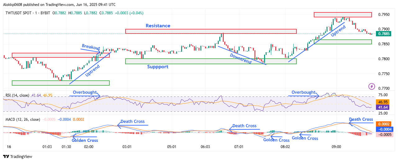 TWT/USDT M-1 Chart, Analyzed by Alokkp0608, published on June 16th, 2025.