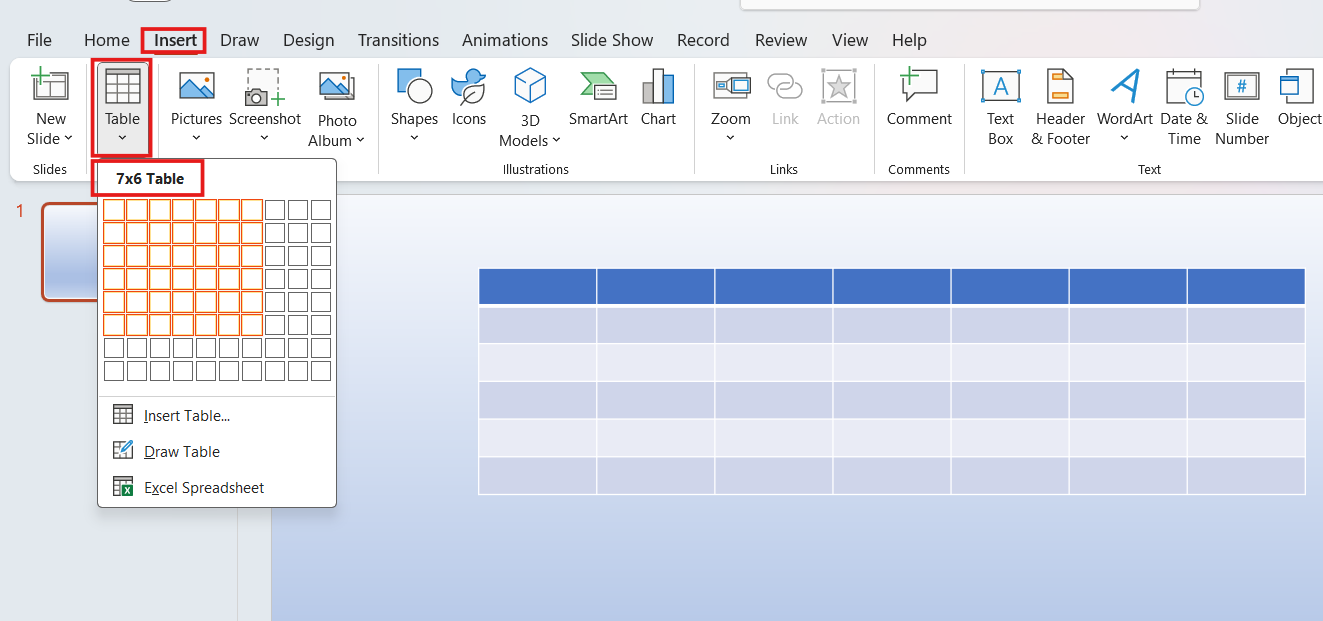 Inserting 7 x 6 table in PowerPoint using Insert > Table option.