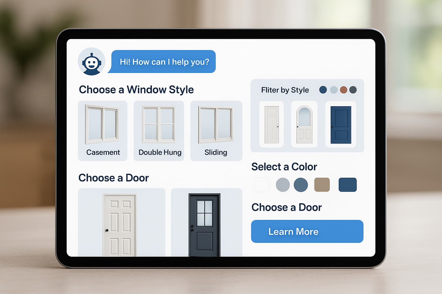 AI chatbot visual interface showing window and door selection tools for home services lead generation.