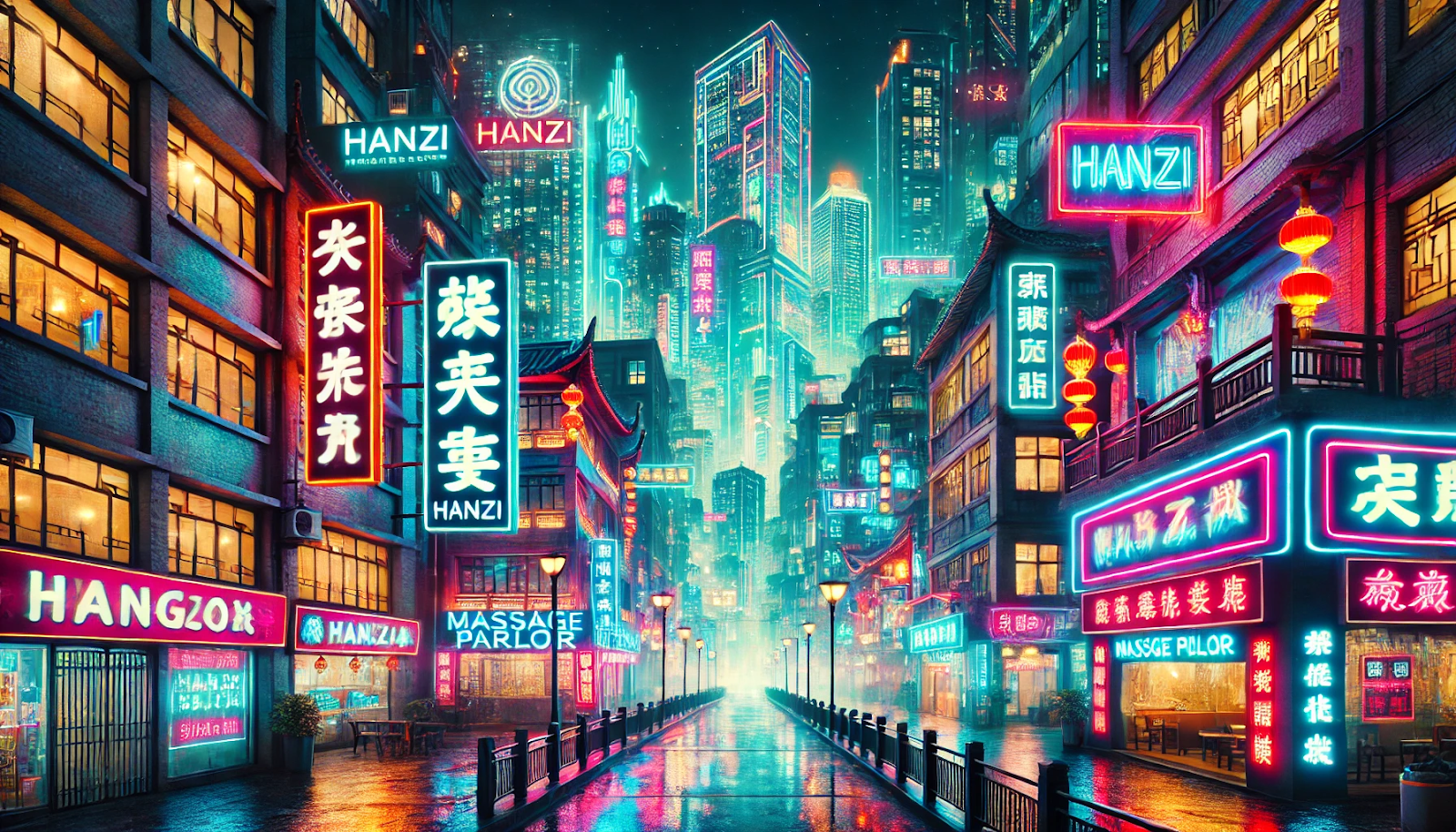 chongqing cyberpunk city neon hanzi massage sign