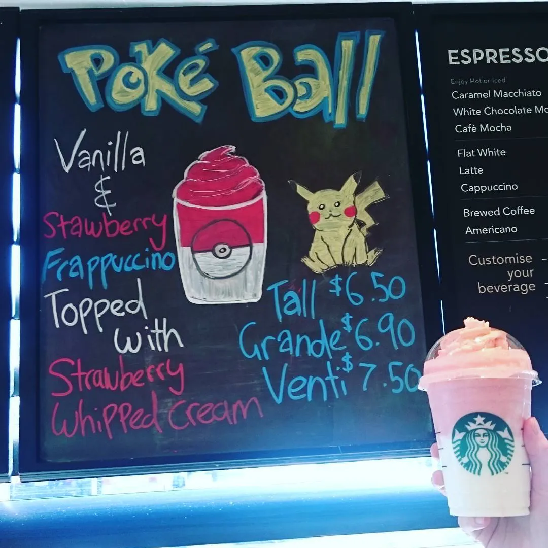 Poké Ball menu on blackboard in Starbucks