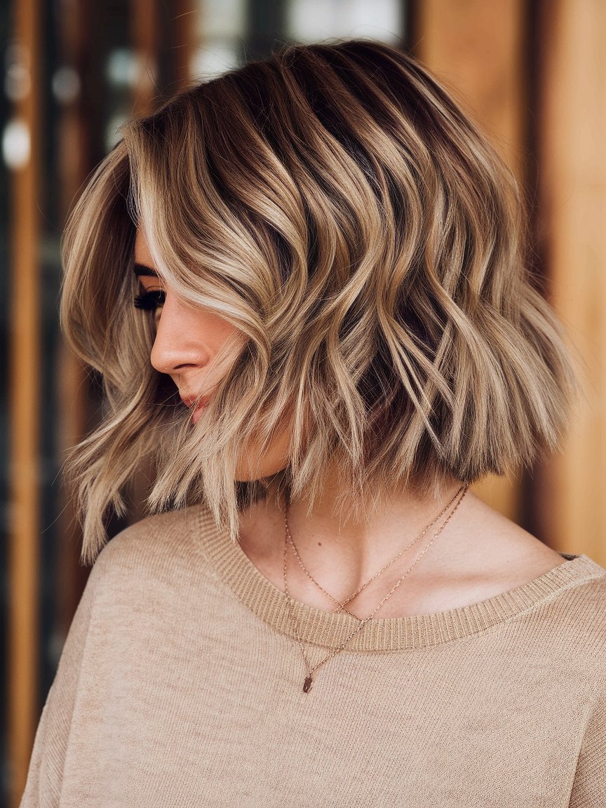 6. Angled Bob with Beach Waves