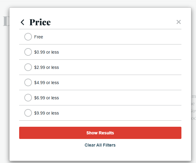 a screenshot of price filter section