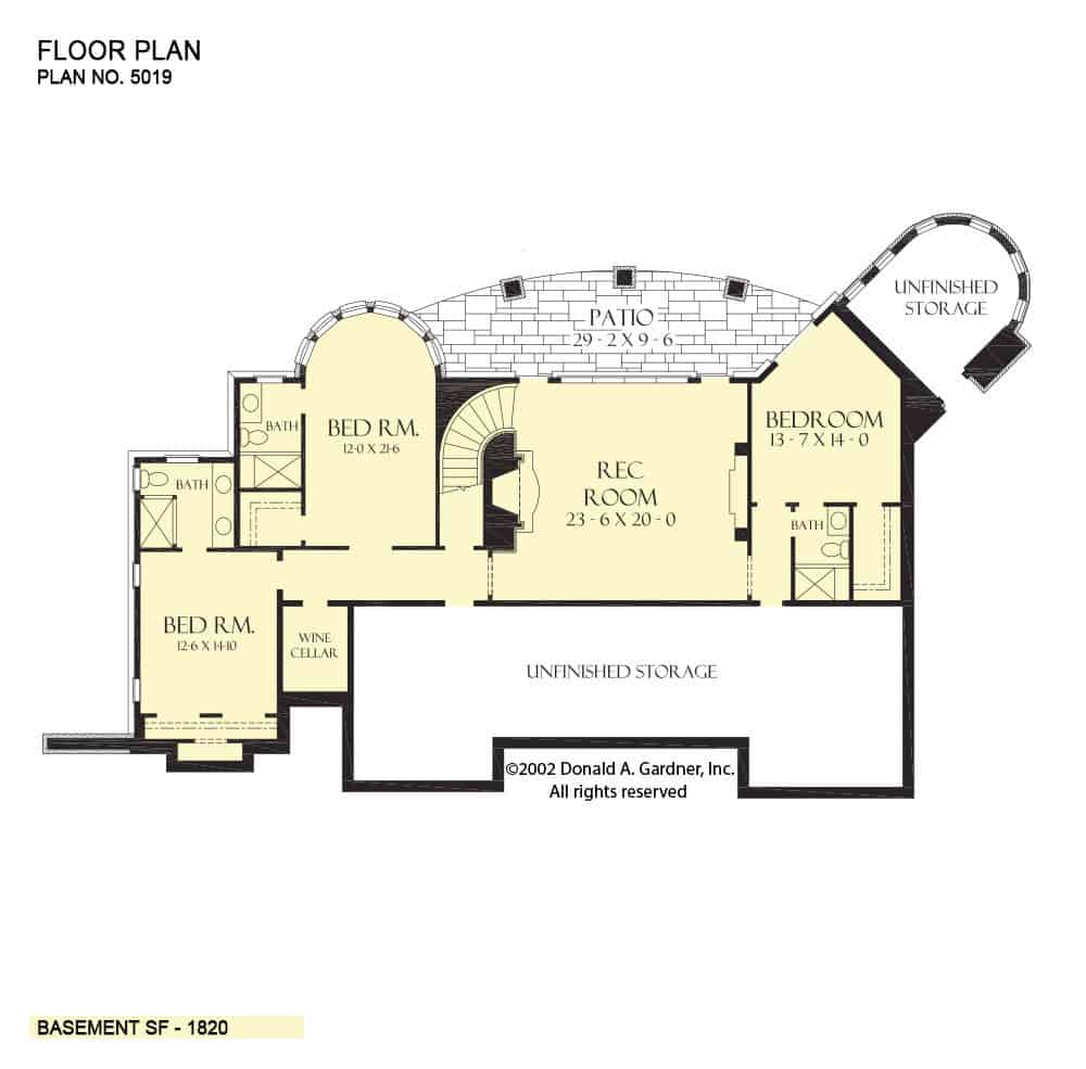 Lower level floor plan with three bedroom suites, a wine cellar, and a recreation room that opens to the rear patio.