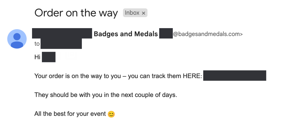 Email showing Badges And Medal's customer service.