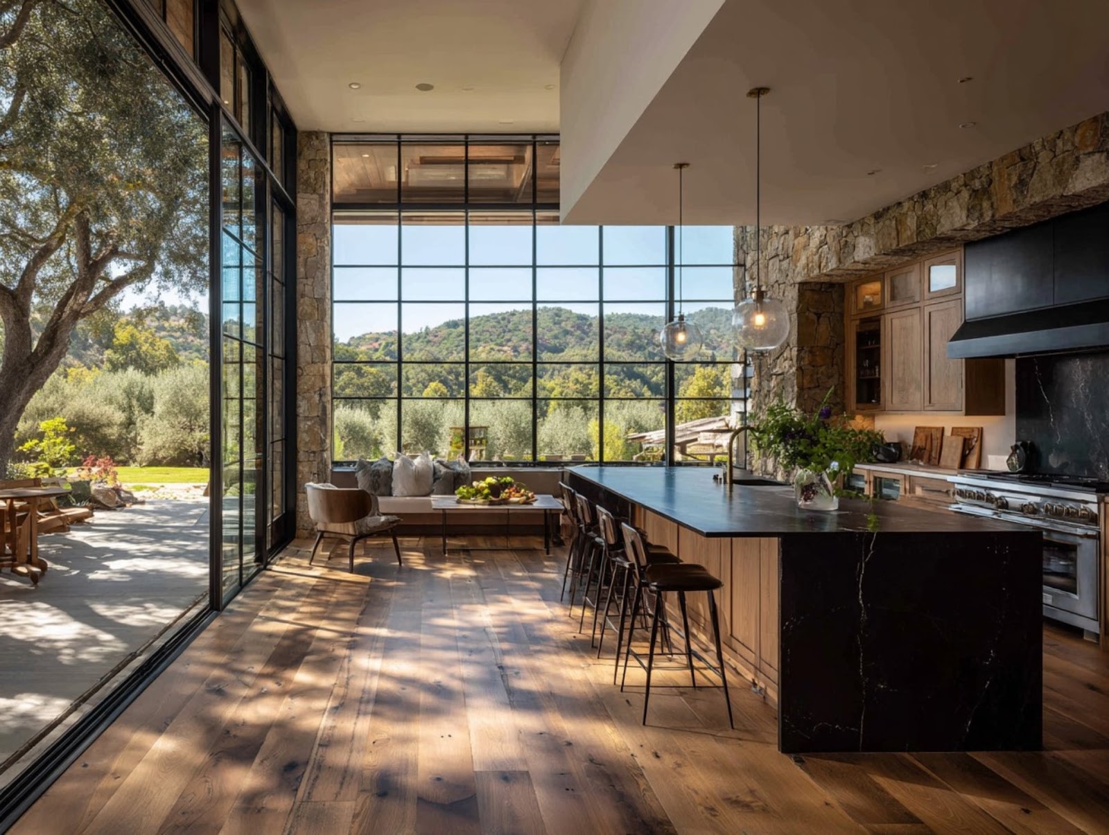 A kitchen with a large glass wall

Description automatically generated