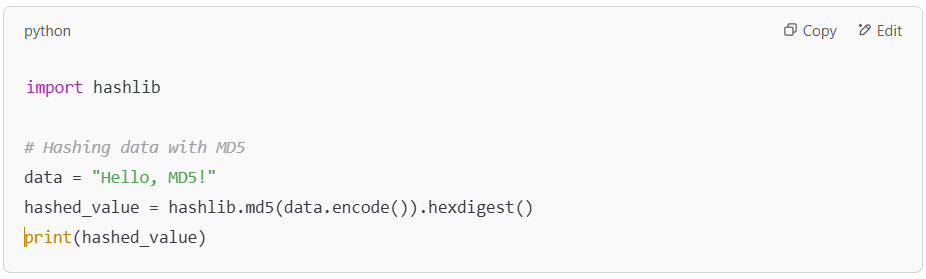 Using MD5 for hashing data in Python.