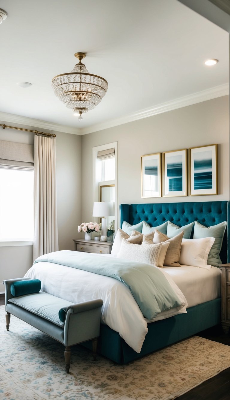 A luxurious master bedroom with elegant bedding, soft pillows, and stylish decor