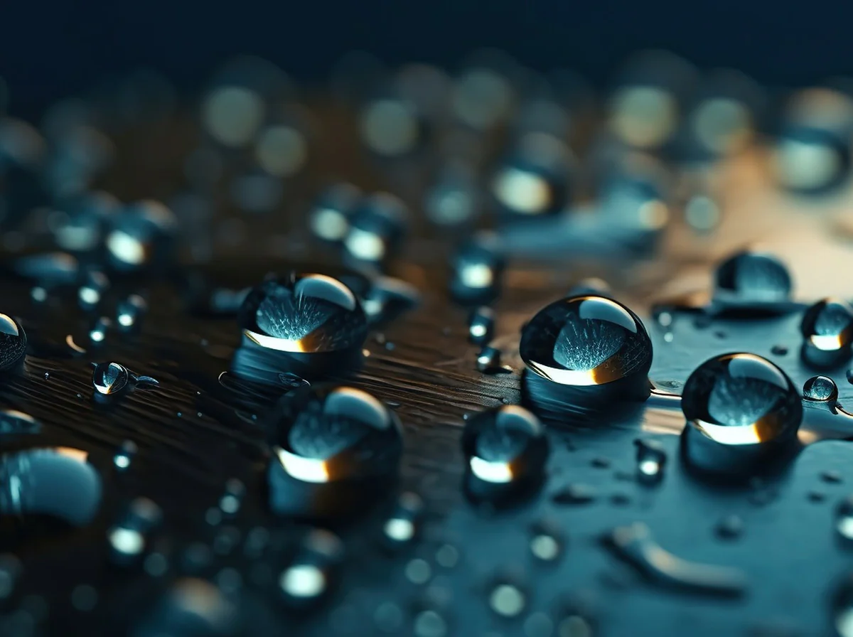An extreme close-up of large water droplets on a dark surface.
