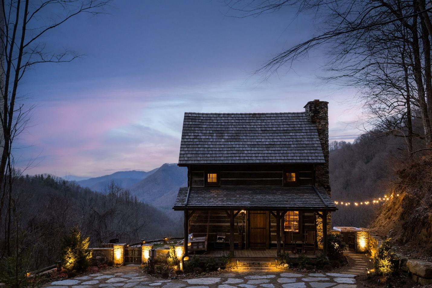 A panoramic view of The Cabin during dusk with moody lighting at The Retreats at Spring Creek Preserve.