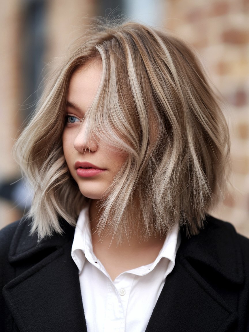 11. Textured Lob with Chunky Blonde Highlights and Soft Waves