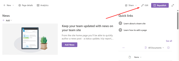 The SharePoint interface showing the options to edit and republish a news post.