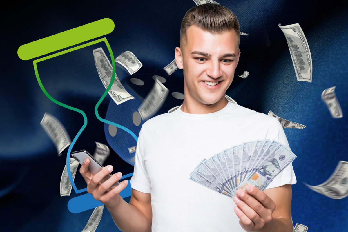 A man proudly displays a stack of money in one hand and a clock in the other, symbolizing time and wealth.