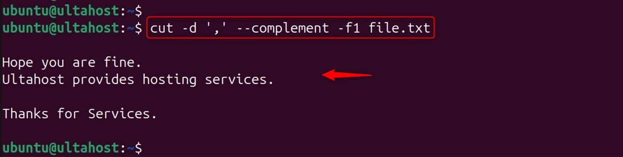 using cut command with complement option