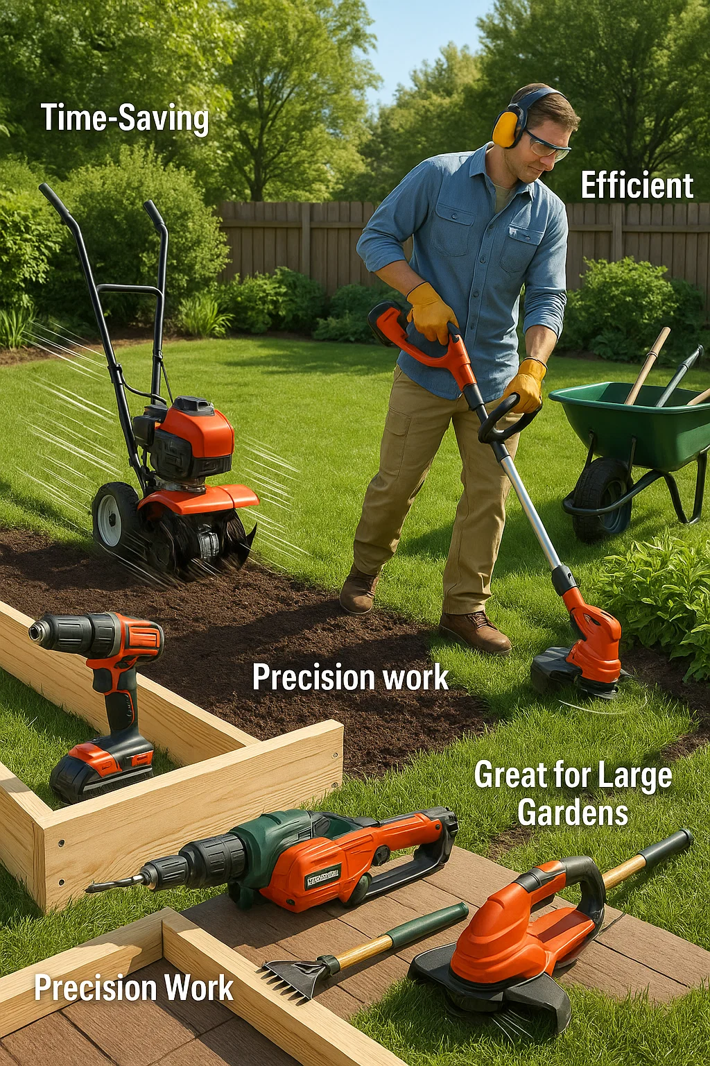 A well-organized backyard or workshop scene showcasing a variety of gardening power tools and equipment laid out or in action. Include a rototiller breaking up soil, a cordless electric trimmer edging a garden bed, a power drill assembling raised beds, and a wheelbarrow loaded with tools. Show a confident gardener wearing safety gear, actively using one of the tools. Add visual speed lines or subtle motion effects to suggest efficiency and speed. Include labeled icons or tags like “Time-Saving,” “Efficient,” “Precision Work,” and “Great for Large Gardens.” The setting is bright and productive, with fresh soil, greenery, and a sense of momentum.