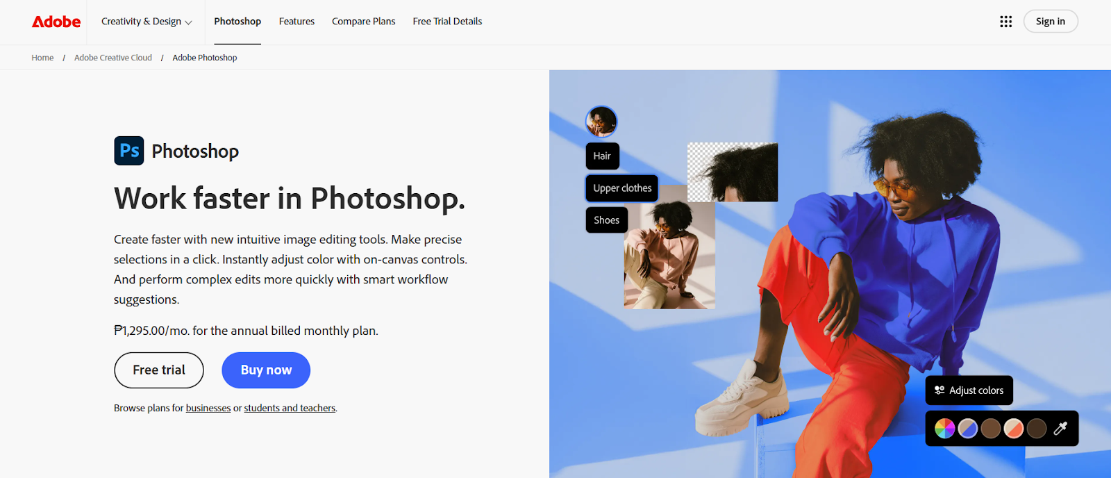 Buy and download Adobe Photoshop, screenshot from Adobe page