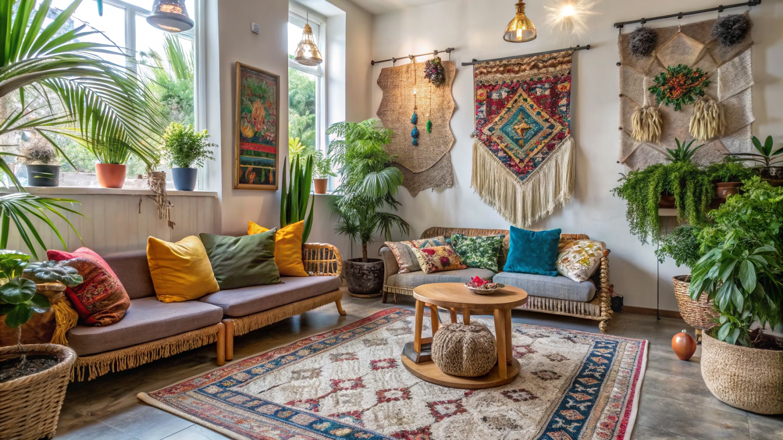 Sala de estar no estilo boho com almofadas coloridas, plantas e decoração de macramê.