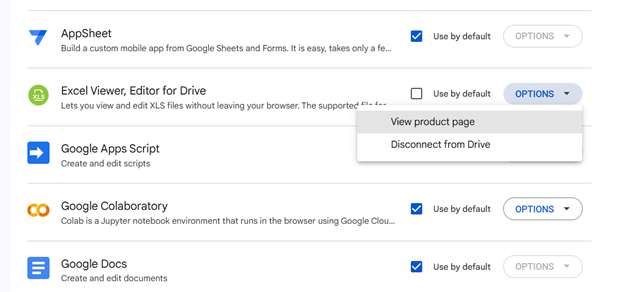 In Google Drive, remove app access by clicking on Options for each app that you no longer need, use, or trust and then clicking on Disconnect from Drive.