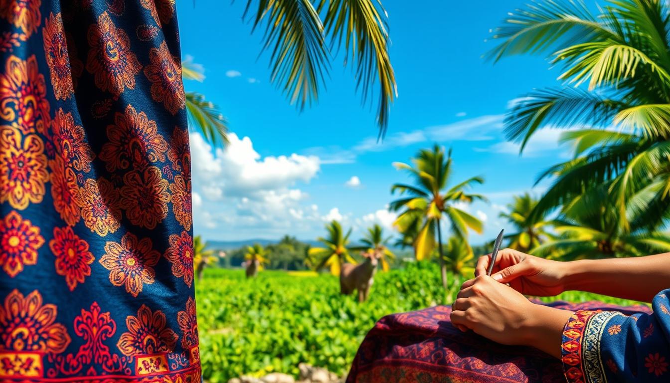 A lush, vibrant scene showcasing the rich heritage of Malaysian batik. In the foreground, intricate batik patterns adorn a traditional sarong, its vibrant hues of blue, red, and gold reflecting the warm tropical sunlight. The middle ground features a skilled artisan carefully applying wax and dye to an unfinished textile, their hands deftly maneuvering the tjanting tool. In the background, a serene landscape unfolds, with verdant palm trees swaying gently against a cloudless azure sky. The overall atmosphere evokes a sense of timeless craftsmanship, cultural tradition, and the natural beauty that has inspired Malaysian batik for generations.